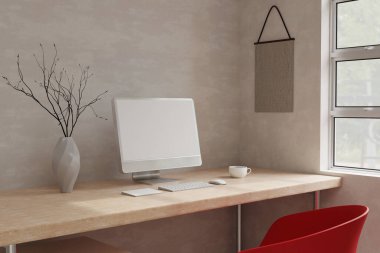 Minimal Scandinavian home working space interior design with blank PC desktop computer mockup and accessories on wooden table over the wall. 3d rendering