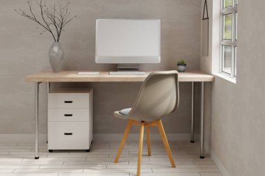 Minimal Scandinavian home working space interior design with blank PC desktop computer mockup and accessories on wooden table over the wall. 3d rendering