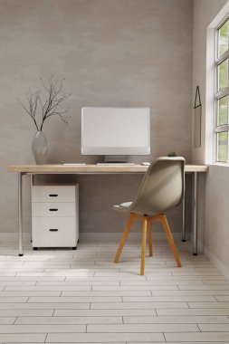Minimal Scandinavian home working space interior design with blank PC desktop computer mockup and accessories on wooden table over the wall. 3d rendering