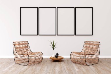 Living room design with empty frame mockup, two rattan chairs on white wall. 3d illustration