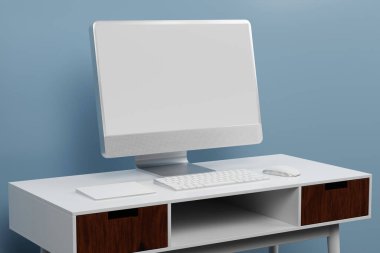 3d Computer monitor, wireless mouse, keyboard float on blue background.3d illustration