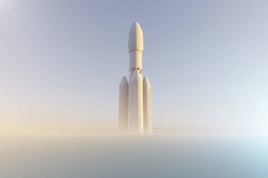 Mars çöl yüzeyinde roket, atmosferde sis. 3d hazırlayıcı