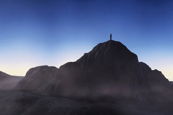 Silhouette of a person on the peak of a mountain on a starry blue background.3d illustration