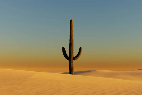 砂漠の砂丘での孤独サボテン 3Dレンダリング — ストック写真