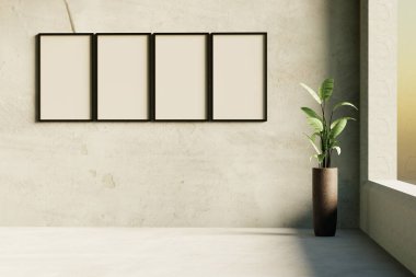 Beton duvarı, zemini ve kapalı yeşil bitkileri olan minimalist boş bir oda. Duvardaki model çerçeveler 3D illüstrasyon