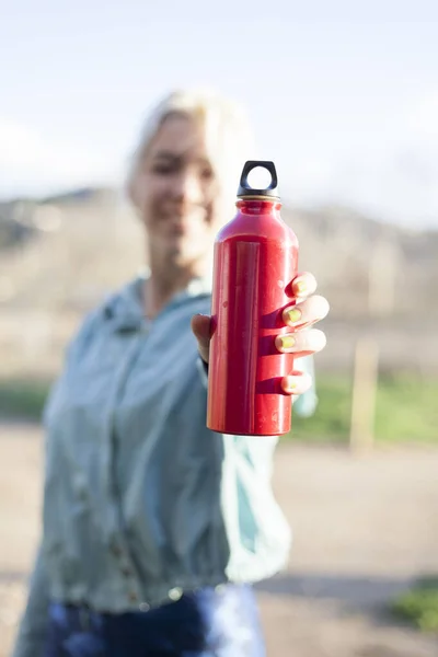 Happy Smiling Sports Woman Passing Water Bottle Camera — Stock Photo, Image