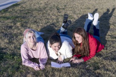 Çimenlerin üzerinde uzanan üç arkadaş gün ışığında birlikte güler; biri elinde bir kitap, açık havada mutluluk ve rahatlama yayar.