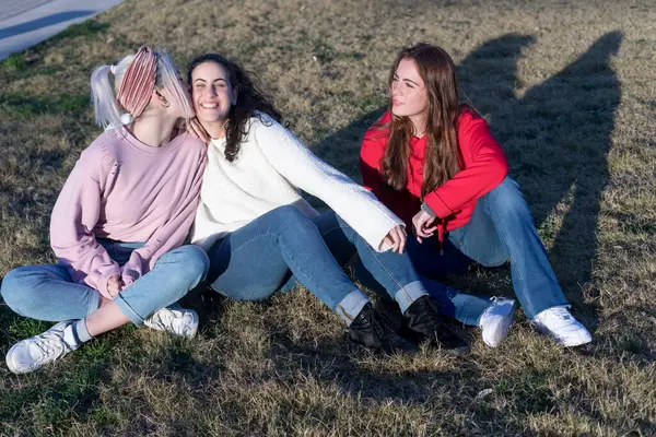 Three Friends Enjoy Relaxed Moment Sitting Grass Basking Sunlight Sharing Royaltyfria Stockfoton