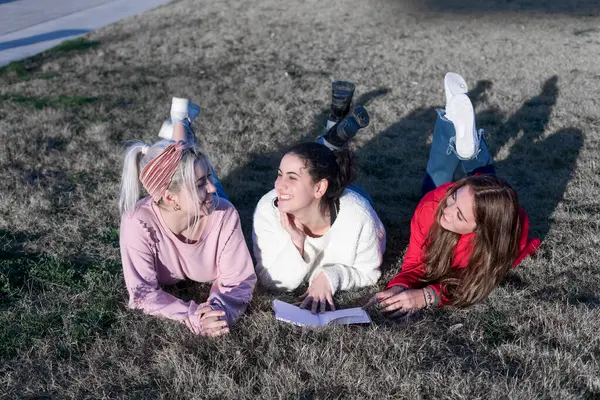 Lying Grass Three Friends Laugh Together Sunlight One Holding Book Stockbild