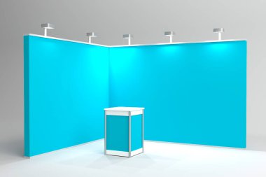 Canlı mavi duvarları, küçük bir tezgahı ve spot ışıkları olan boş bir sergi kabini. Ticaret fuarları ve sunumlar için uygun minimalist kurulum.