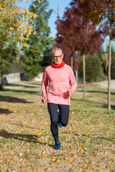 Beyaz saçlı, gözlüklü, açık havada pembe uzun kollu, siyah taytlı ve kırmızı eşarplı, park alanında koşan kıdemli beyaz bir adam..