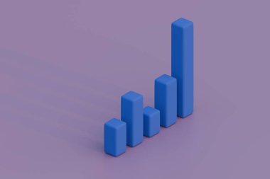 Mor zemin üzerinde uzun gölgeler bırakan yükselen mavi çubukların minimum 3D görüntülenmesi, pozitif büyüme göstergesi. Kimse yok..