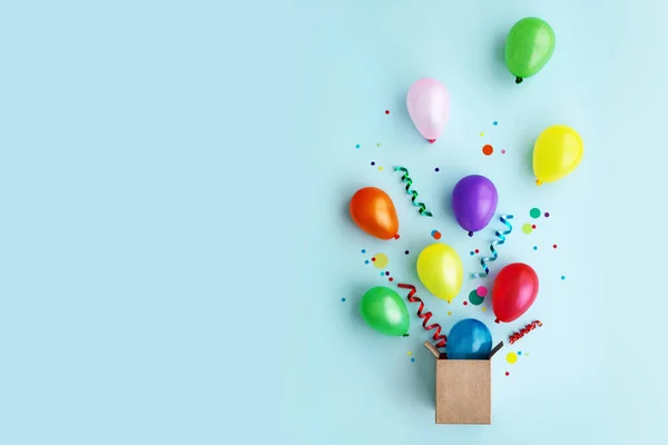 Birthday Party Flat Lay Colorful Balloons Confetti Escaping Gift Box ロイヤリティフリーのストック写真
