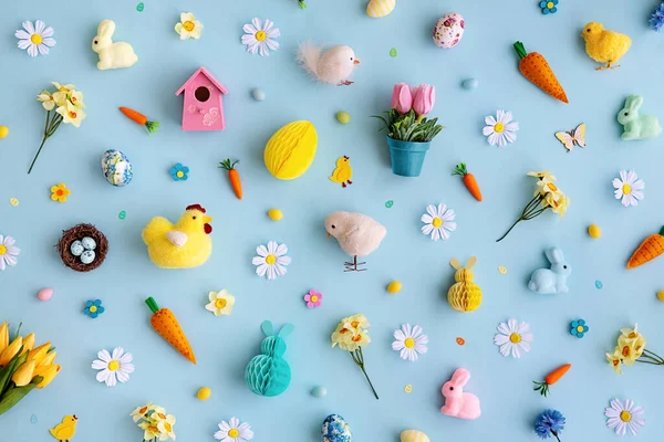Background Collection Easter Objects Arranged Blue Background Overhead View ロイヤリティフリーのストック写真