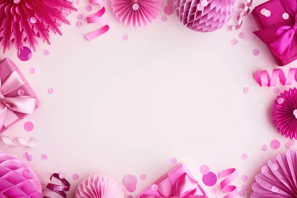 Рожева Вечірка Фоні Рамки Подарунками День Народження Прикрасами — стокове фото