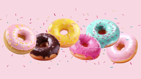 Sortimento Cair Voar Donuts Coloridos Com Respingos Caindo Movimento Contra — Fotografia de Stock