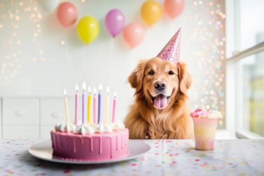 Doğum günü partisinde doğum günü pastası ve parti balonlarıyla kutlanan mutlu köpek.