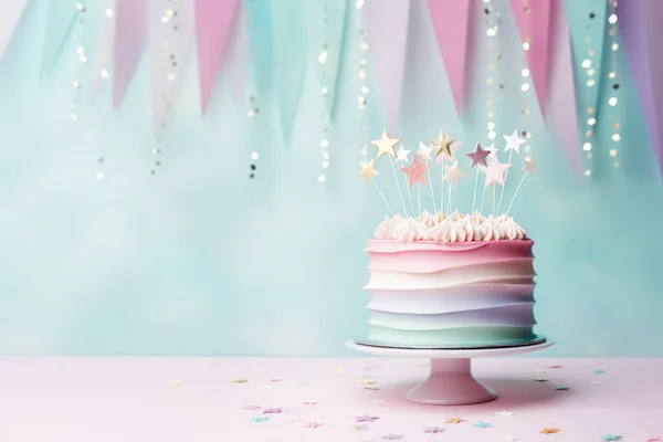 stock image Beautiful pastel rainbow colored birthday cake with celebration bunting and gold star cake toppers