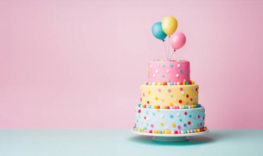 Pasta katmanlarında pastel renkli katlar ve parti balonları var.