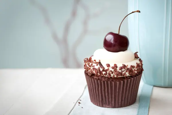 Black Forest Cupcake Decorated Chocolate Shavings Single Black Cherry Stock Image