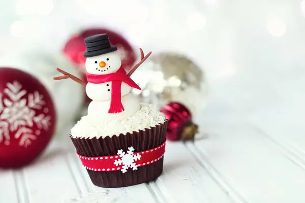 Pastel Navidad Decorado Con Muñeco Nieve Fondant —  Fotos de Stock
