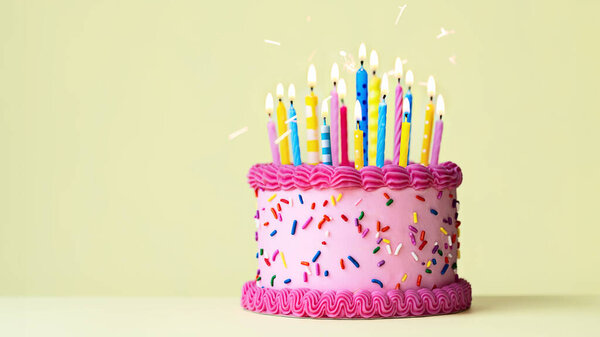 Pastel Cumpleaños Celebración Rosa Con Muchas Velas Cumpleaños Coloridas — Foto de Stock