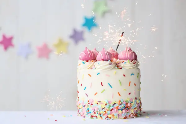 Birthday Cake Colorful Sprinkles Celebration Sparklers Copy Space Side Stock Picture