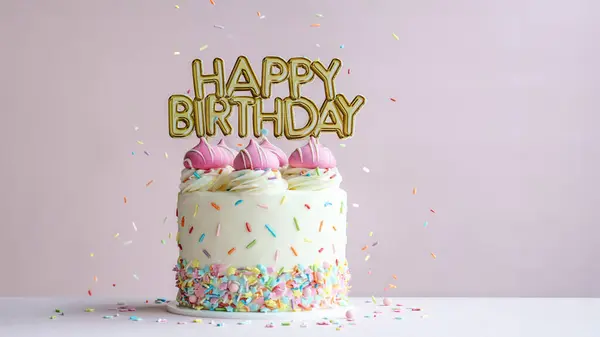 Pembe Doğum Günü Pastası Mutlu Yıllar Bayrağı Renkli Süslemeler Stok Fotoğraf