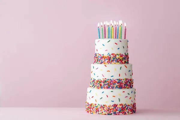 Tiered Celebration Birthday Cake Colorful Sugar Sprinkles Twelve Birthday Candles Royalty Free Stock Photos