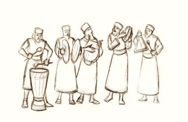 Eski bir orkestra çalıyor. Kalem çizimi