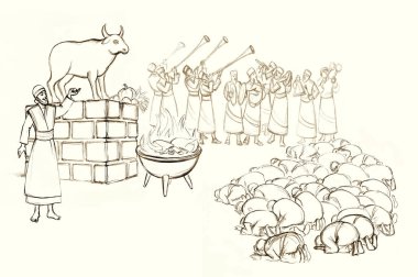 Doğu Mısır 'daki yaşlı yahudiler, papaz günah bandosunun ayin için kutsal erkek lord fetiş figürü tarikat sahnesi sunduğuna inanırlar. Çizgi siyah kalem el taş resim eskiz kutsal Musa hukuku hikaye sanat tarzı