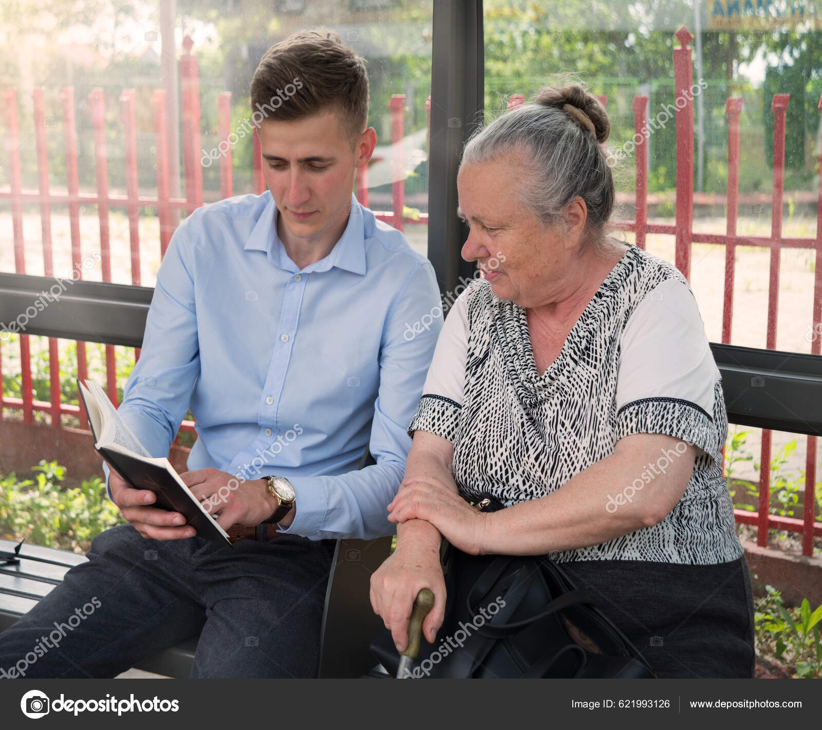 Young Adult Holy Male Guy Teach Help Face Sit Bench — Stock Photo © Marinka  #621993126