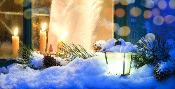 Šťastný Veselý Večer Rozmazat Zamrzlý Led Jiskra Zasněžený Větev Modrý — Stock fotografie