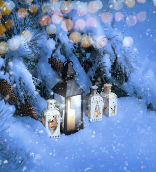 Happy Merry Noel Advent Eve Frozen Ice Still Life Text — Stock Photo, Image