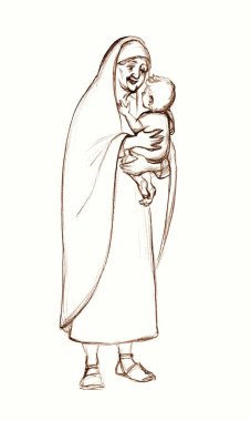 Yetişkin Yahudi anne şefkatli kollarını kaldır Isaac kucakla küçük çocuk dinlen tatlı anne gülüşü. Kara kalem çizilmiş kutsal Yahudi kız Naomi karısı kendini neşeli hisset Tanrı 'nın inancı mucizevi konuşma sanatı skeci