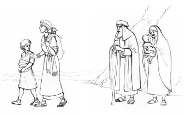 Holy jew god faith wise Egypt male prayer rabbi scholar priest stand speak offer pray story. Hand drawn black line pen art sketch retro age robe cloth Israelite cane stick staff view white text space