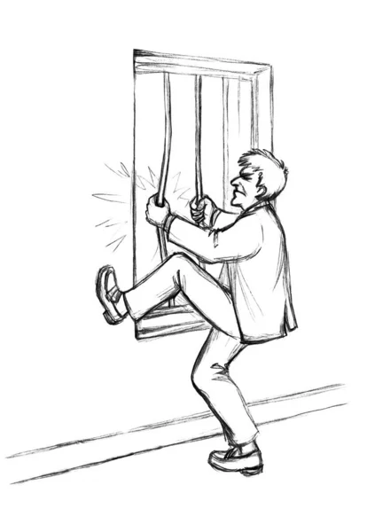 stock image Wrong angry rage danger strong adult old age male guy go look free arm hit hole iron metal hold home room. Comic funny hand draw cartoon humor graphic art sketch seek view hard rob goal stress law way