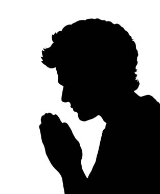 Günah kederi endişe meditasyon hattı aşk palmiye konsepti logosu. Siyah mürekkep çizilmiş genç bayan ruha teşekkür et ruh parmağını katla İncil 'de geçen sanat eserlerinin amblemi beyaz arka plan