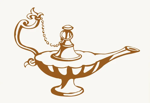 ホワイトテキストスペースに古典的な粘土ブローキャンプケロシンボトルを閉じます 概要黒インク手描かれた黄金の神聖な妖精の神話魔法Alladin夢の祈りのロゴマークデザインアート聖書漫画スタイル — ストックベクタ
