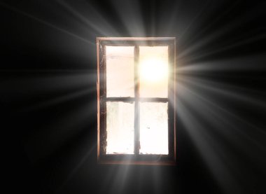 Rusty urban past age small empty blank farm stone mold lodge scene dim hole bright sunny shine ray lit white sky. Bad broken decay crack destroy ruin worn pane web gloom messy border wall text space