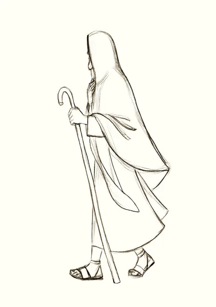 大人の賢明なひげ男性の喜び笑顔王は 中年の白いローブ布杖の棒のビューを見て立っている 手描き黒レトロUae七面鳥男与える大きな稼ぐ金貨現金袋提供神信仰アートスケッチ — ストック写真