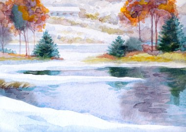 El çizimi sanat eseri serin yeni yıl sis bulutlu gün sahnesi. Açık beyaz kart arka plan eski tarz. Parlak renk eski çalı ormanı buz gibi soğuk sakin gölet göleti kıyısı manzarası