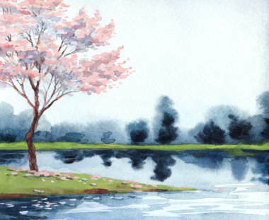El yapımı, soyut Çinli ressam suluboya resim çizimi kâğıt metin arkaplanındaki bulanık sis sahnesi. El çizimi açık pembe renk kiraz ağacı sakin vadi kırsal manzaralı sanat eserleri