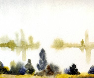 El çizimi suluboya resim çizimi kağıt metin alanı. Kırsal sakin çalı çalısı, çalı tarlası, dere yatağı, sel, yağmur manzarası. Serin bahar sisli sonbahar kumsal eski sanat eserleri sahnesi