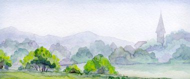 El çizimi açık renkli suluboya resim çizimi. Avrupa beyaz kağıt arka planda geçmişe dönük metin uzayında seyahat eder. Manzaralı eski bahçe çalı bitkisi bulutlu akşam günbatımı alacakaranlık sisi manzaralı