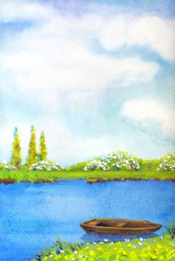 Parlak mavi renkli boyalı el, soyut suluboya eski yelken sanatçısı eskizini kağıt arkaplanda günbatımı sahnesine çizmiş. Sanat eserleri çim çiçekleri manzaralı sakin dere kıyısı manzaralı