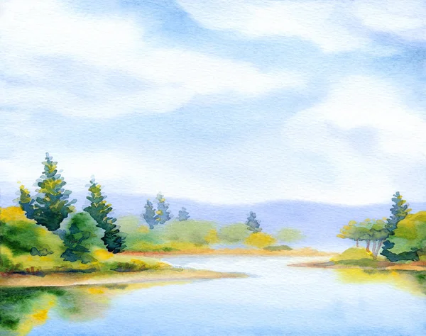 Hand drawn bright paint artwork quiet heaven scene sketch white paper backdrop text space. Light blue color calm rural hill swamp creek bay green grass field wood thicket plant fall haze fog mist view