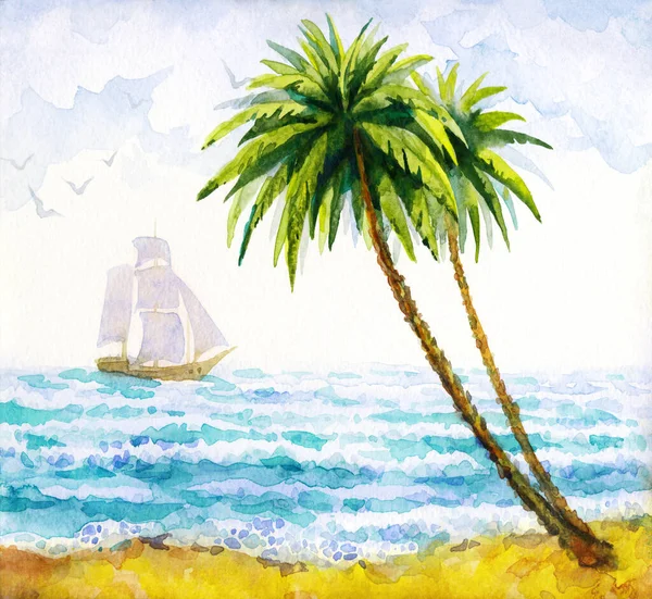 Handritad Akvarell Färg Bakgrund Konstverk Skiss Textutrymme Grön Kokosnöt Klart — Stockfoto