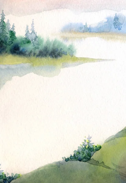 Håndtegnet Akvarellmaling Lyspapir Tekstplass Ruralt Ferskt Taiga Åkerbusk Steinfelt Stille – stockfoto