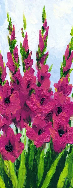 春天乡村Malva场景艺术品视图 活泼的粉红手绘丙烯酸涂料在白纸上的现代卡瓦艺术家卡设计风格 明亮的朱红色剑 清澈的百合花 轻盈的天空 — 图库照片